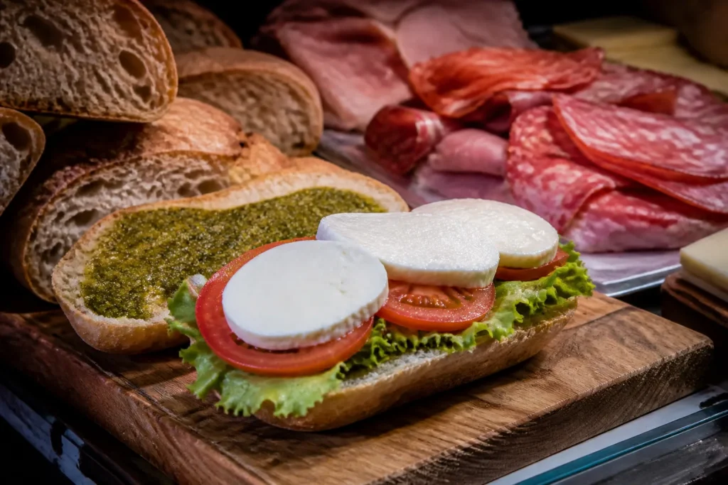 Panino aperto mostrando ingredienti freschi con prezzo cartello