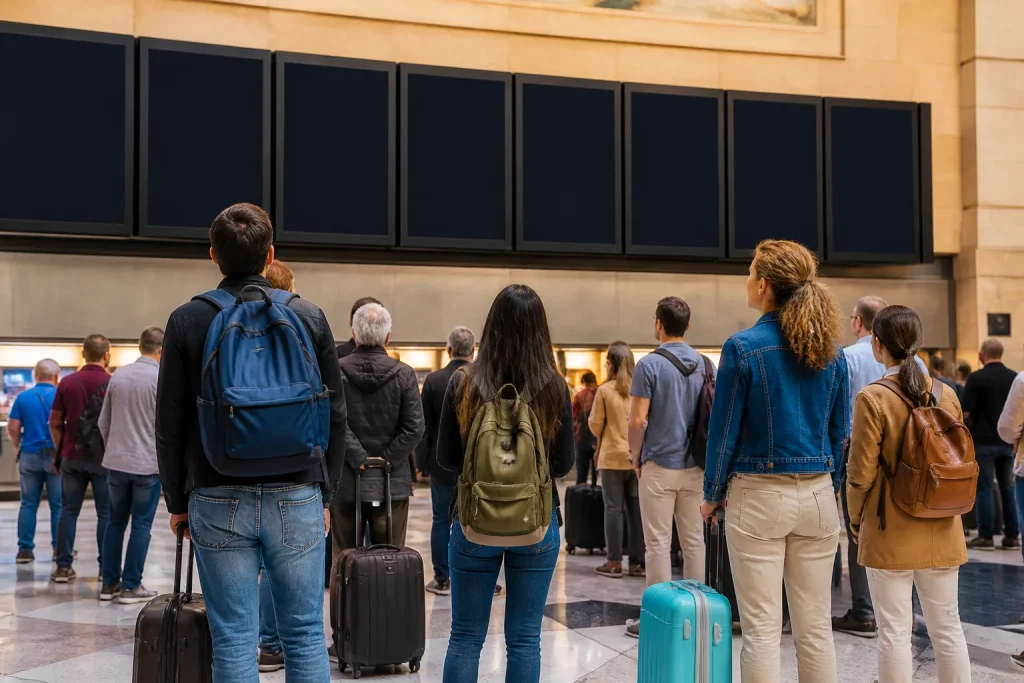 Passeggeri in attesa leggono tabella orari presso la stazione