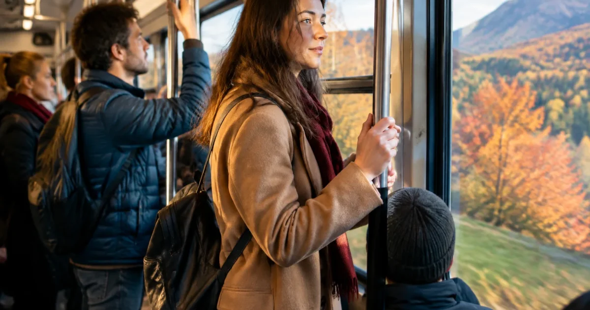 Passeggeri in piedi dentro convoglio campagna autunno
