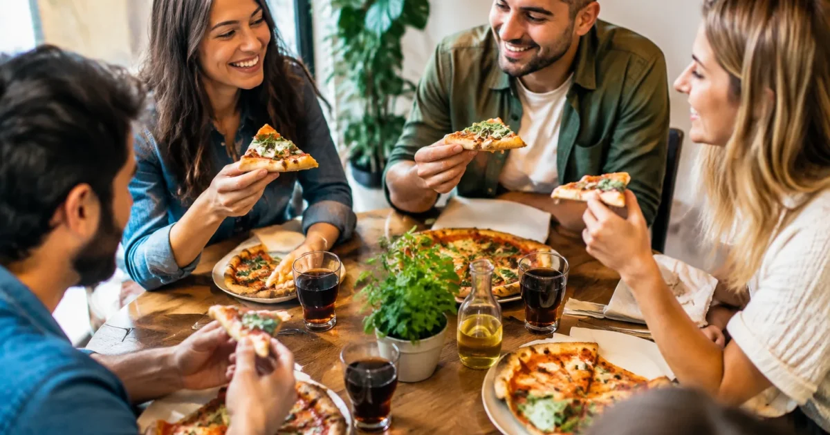 Persone sedute mangiano pizza intorno a tavolo