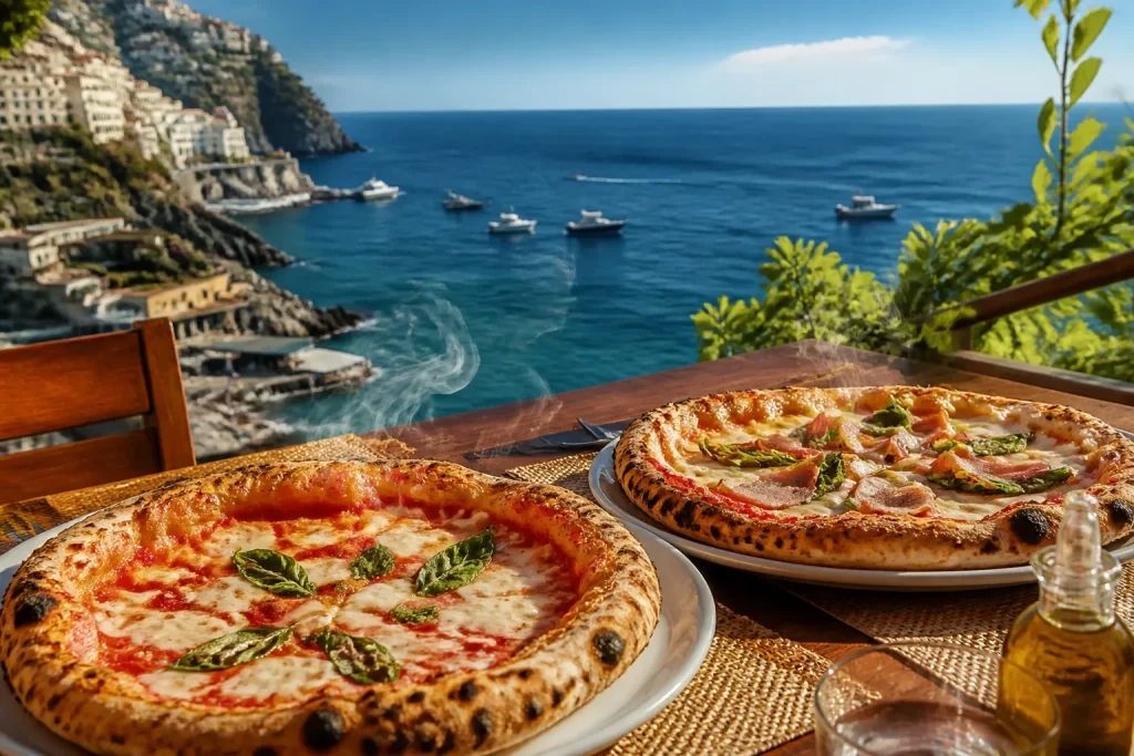 Piatti di pizza fumante serviti con panorama marino