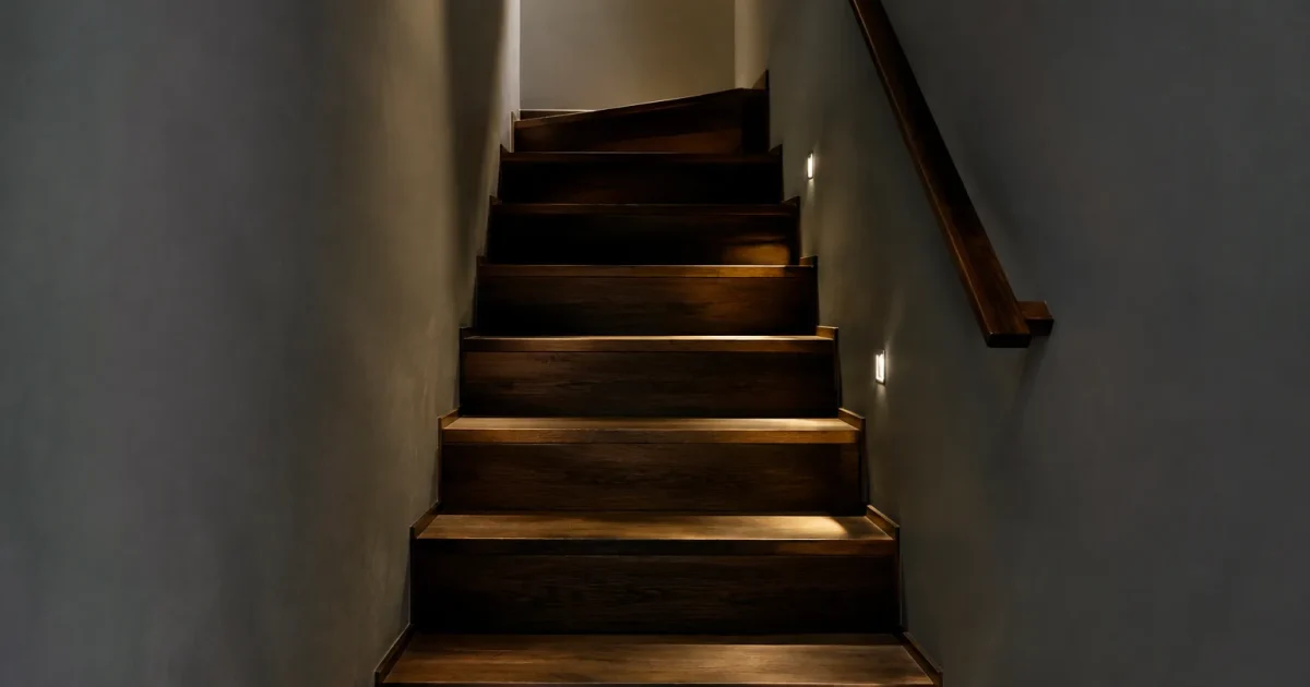 Scala legno scuro illuminazione ridotta muri grigi spazio stretto