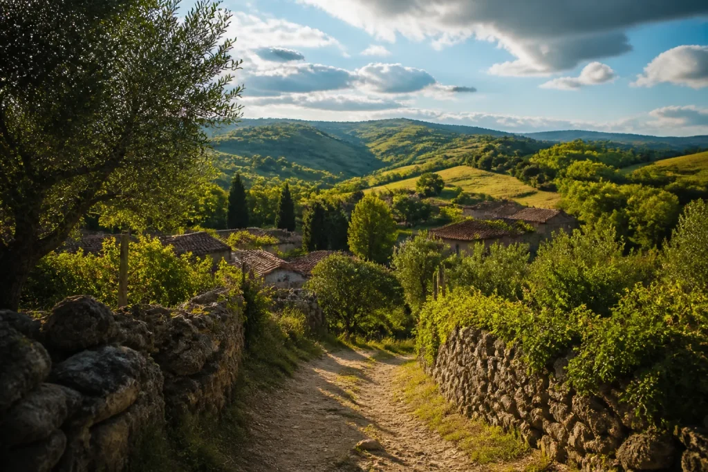 Sentieri di campagna collegano villaggi fra colline