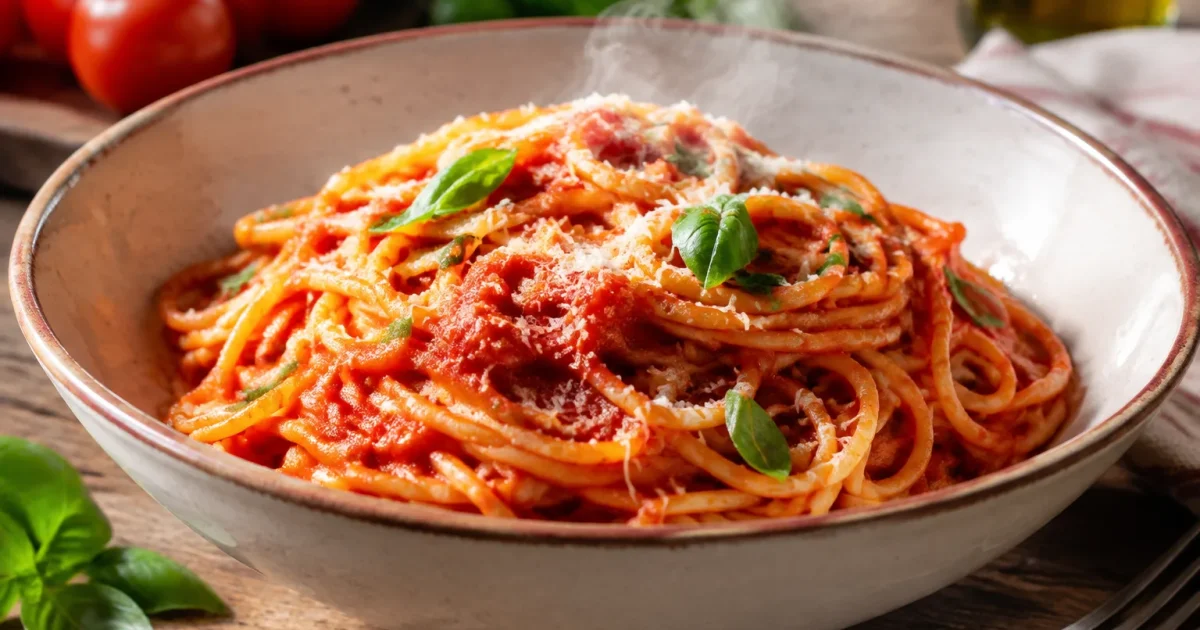 Spaghetti rossi fumanti serviti in ciotola ceramica