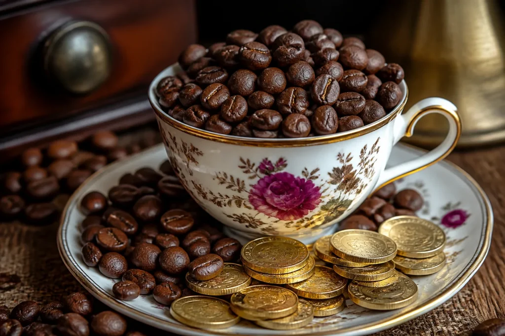 Tazza di porcellana con grani e monete