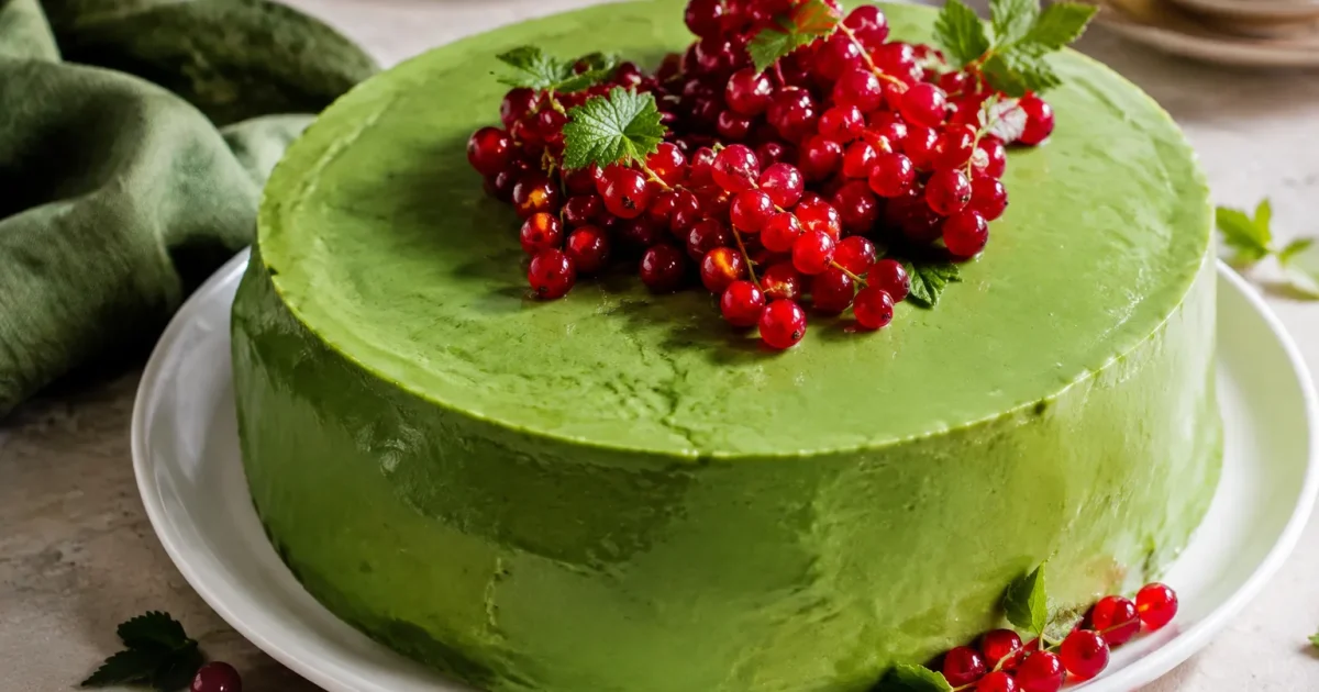 Torta rotonda verde con bacche rosse brillanti sulla cima